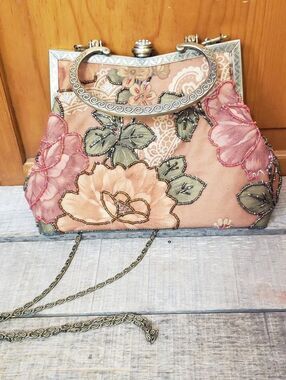 Vintage LEKO OF LONDON Beaded Floral Evening Bag Ornate Metal Handle